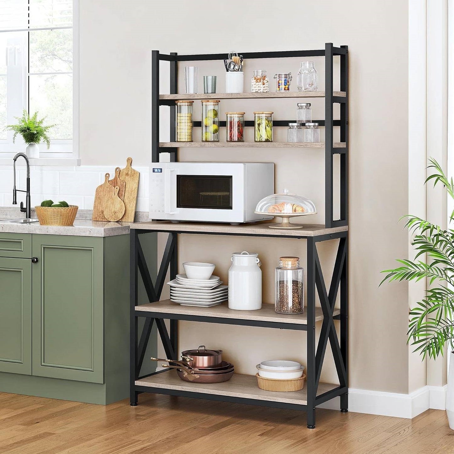 Estante para panaderos de madera gris y metal negro moderno, soporte para microondas, estantería de cocina