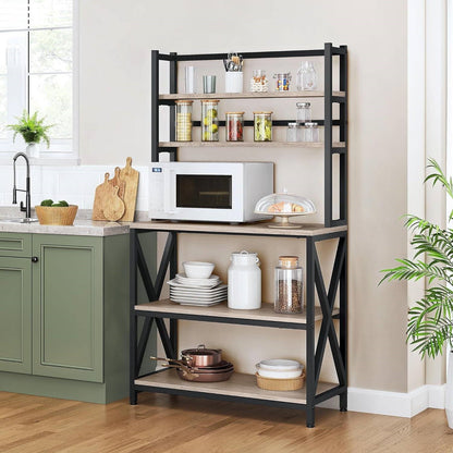 Estante para panaderos de madera gris y metal negro moderno, soporte para microondas, estantería de cocina