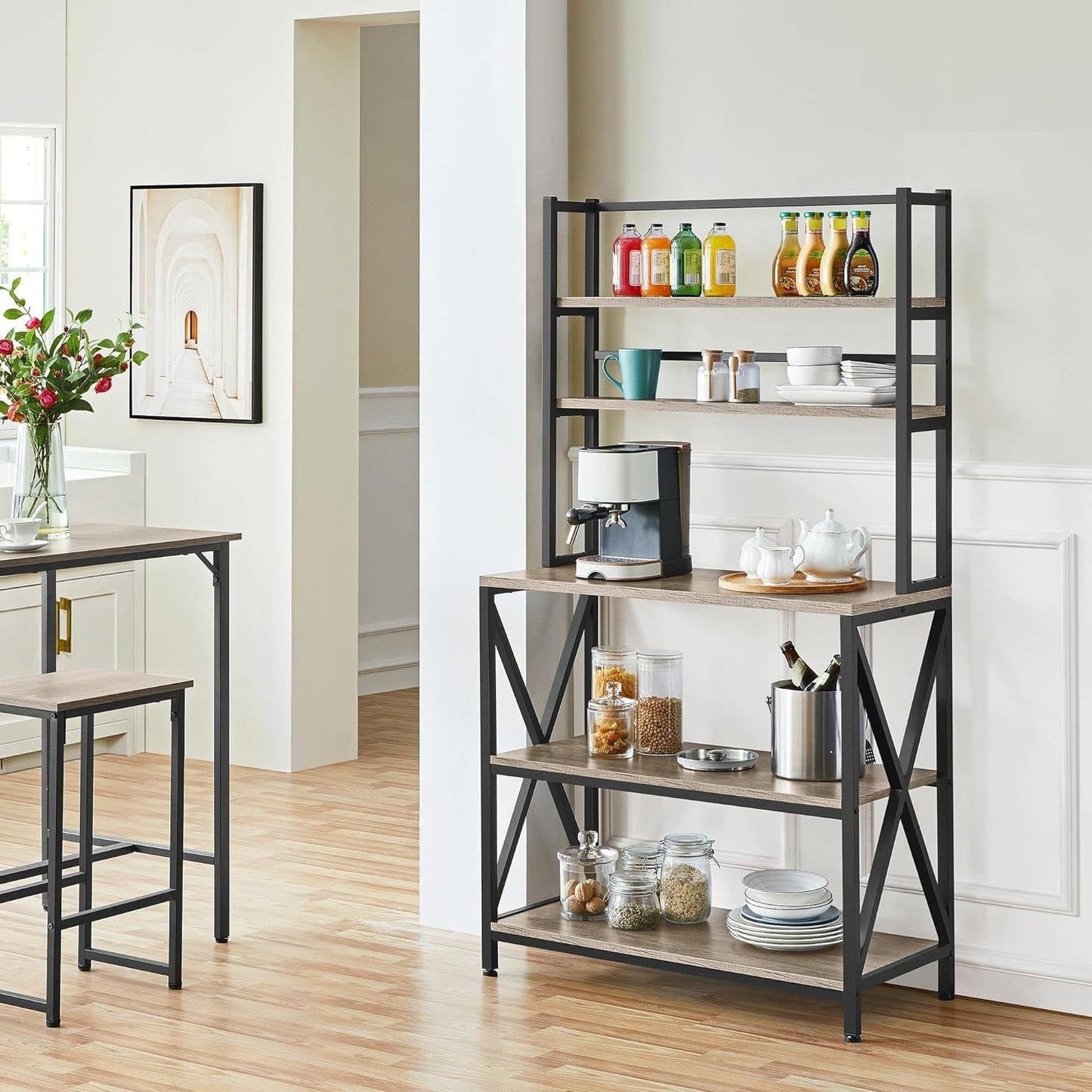 Estante para panaderos de madera gris y metal negro moderno, soporte para microondas, estantería de cocina