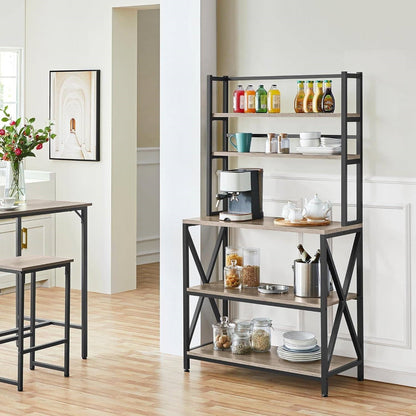 Estante para panaderos de madera gris y metal negro moderno, soporte para microondas, estantería de cocina