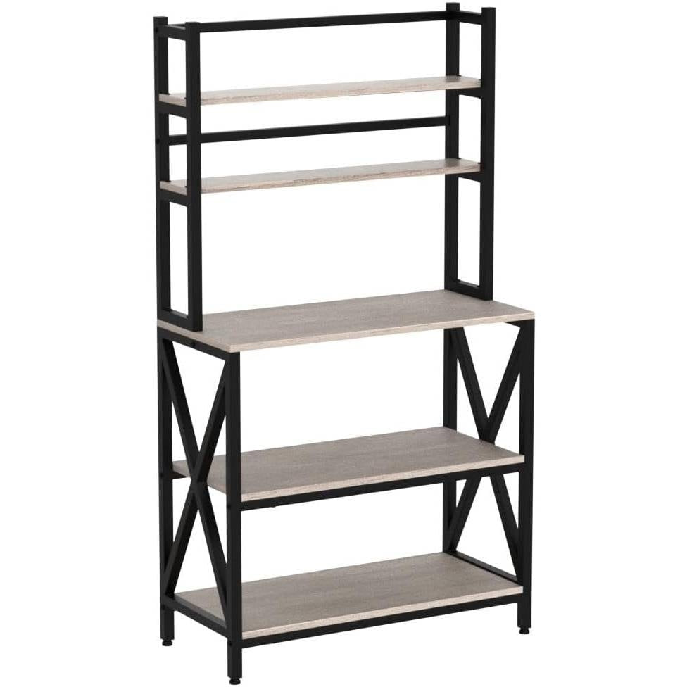 Estante para panaderos de madera gris y metal negro moderno, soporte para microondas, estantería de cocina
