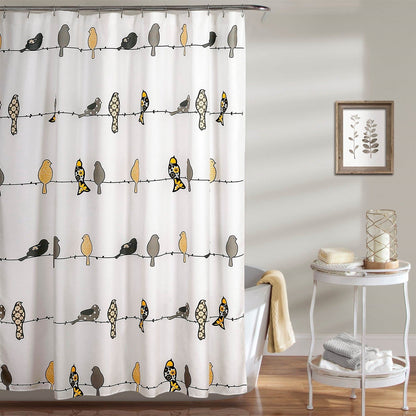 Cortina de ducha de poliéster lavable a máquina, diseño de pájaros y flores, color gris y amarillo, 72 x 72 pulgadas