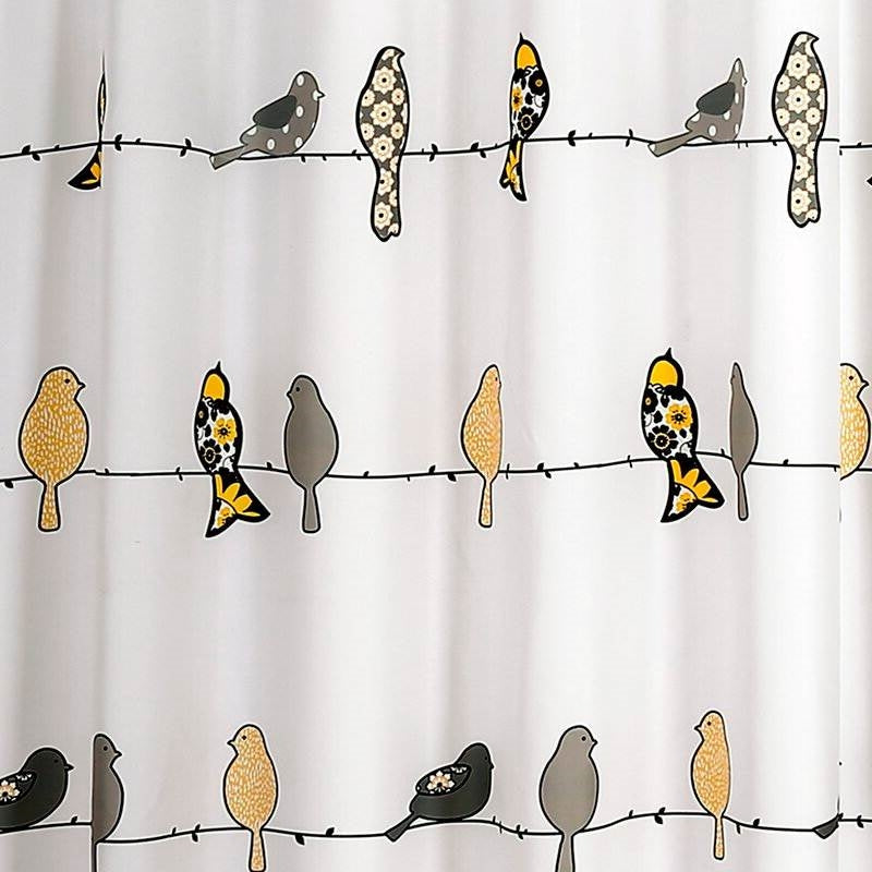 Cortina de ducha de poliéster lavable a máquina, diseño de pájaros y flores, color gris y amarillo, 72 x 72 pulgadas