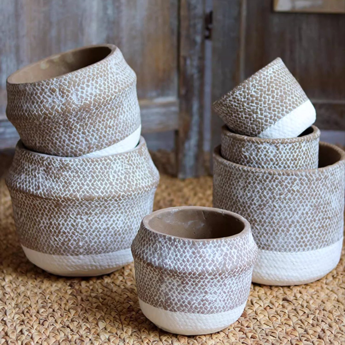 RusticReach Boho straw-look flower planters with white bases, set of 4 on Tampa Home & Garden Store