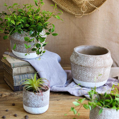 Boho Straw-Look Flower Planter 3-piece set in textured beige finish RusticReach on Tampa Home & Garden Store