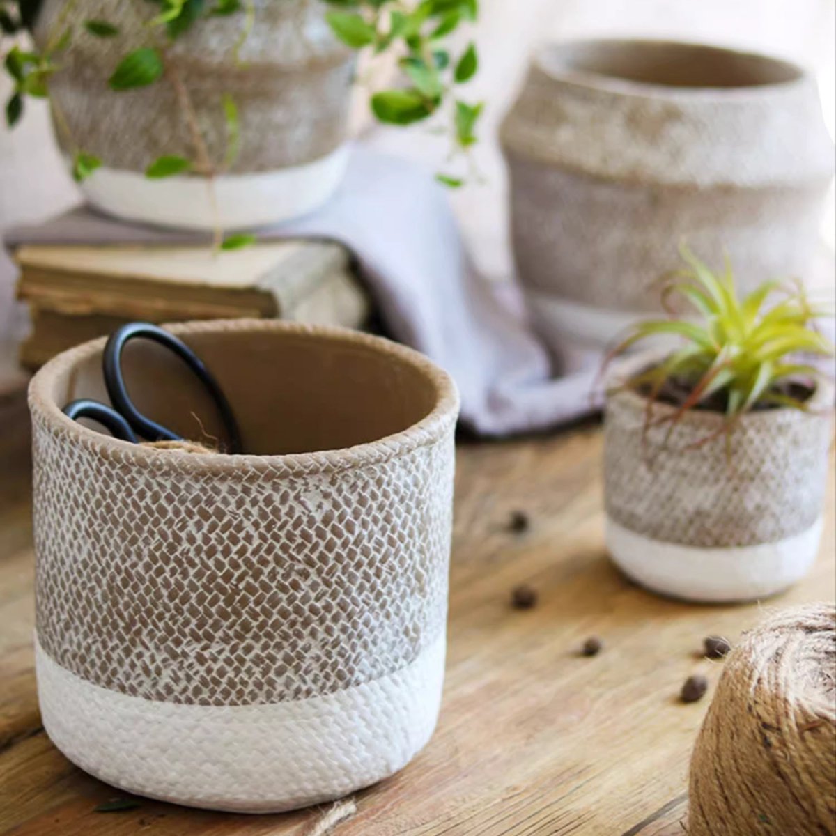 Boho straw-look planters with beige woven texture and white bases, RusticReach trio on Tampa Home & Garden Store