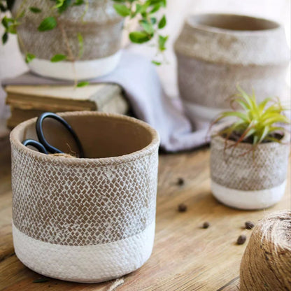 Boho straw-look planters with beige woven texture and white bases, RusticReach trio on Tampa Home & Garden Store