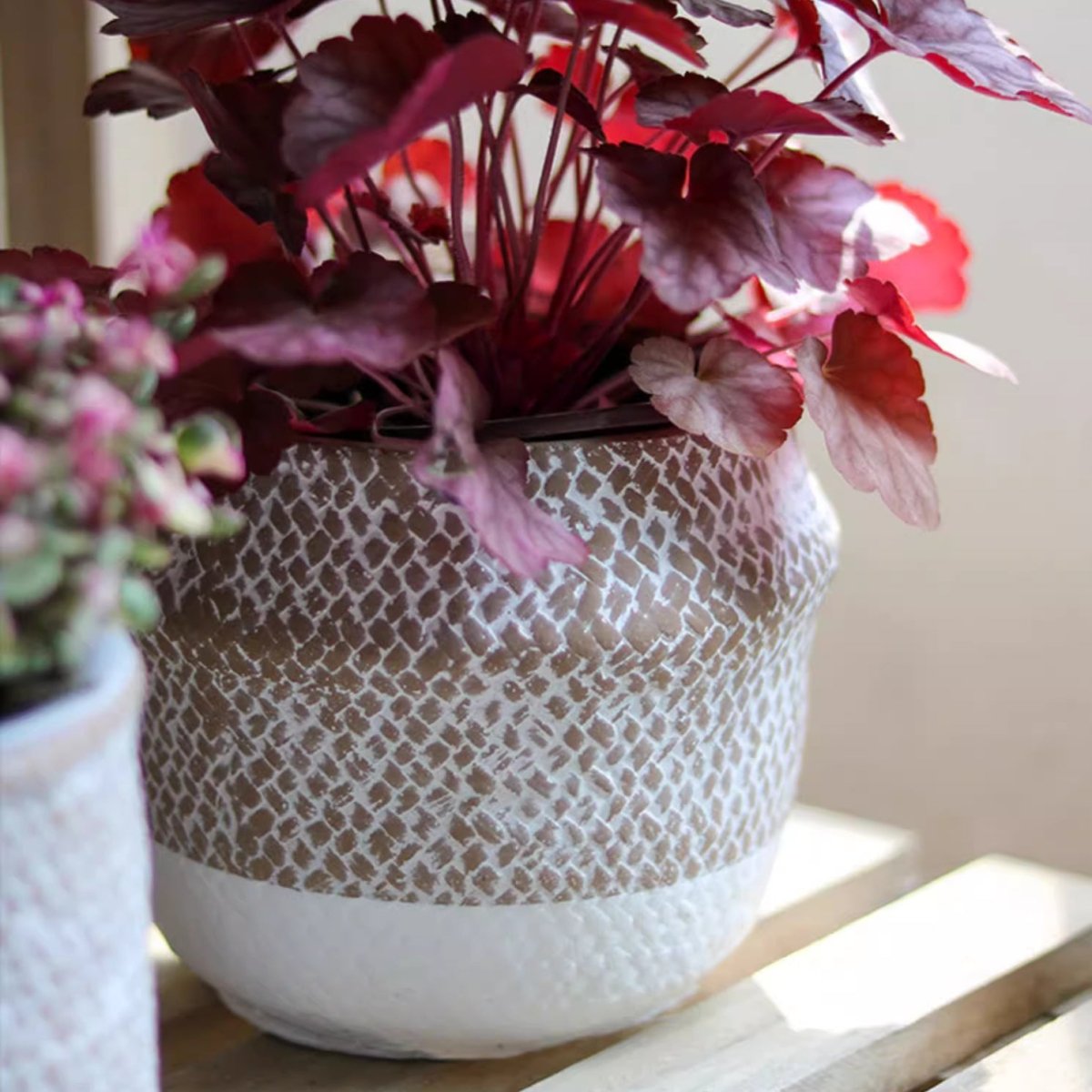 Boho Straw-Look Flower Planter RusticReach; two-tone pot with woven brown pattern on Tampa Home & Garden Store