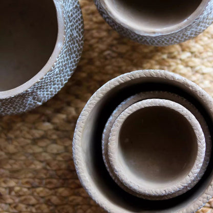 Boho straw-look flower planter set of 3 by RusticReach, textured braided rims on Tampa Home & Garden Store
