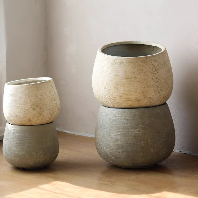 Rustic Globe Cement Planter pair by RusticReach, beige and gray stacked globe pots on Tampa Home & Garden Store