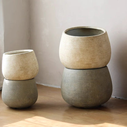 Rustic Globe Cement Planter pair by RusticReach, beige and gray stacked globe pots on Tampa Home & Garden Store