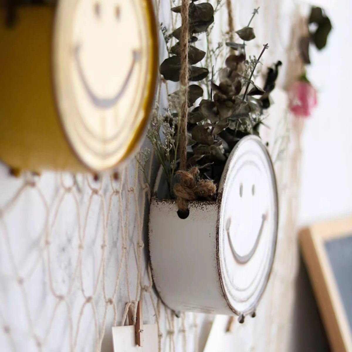 Happy Face Hanging Planter metal pot with rim and smiling face, rope hanger RusticReach on Tampa Home & Garden Store