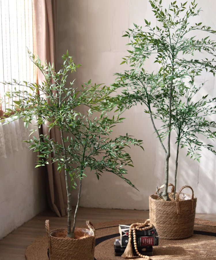 Lifelike Nandina Indoor Tree RusticReach, two trees in woven jute baskets with green foliage on Tampa Home & Garden Store