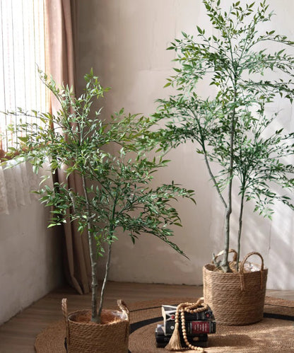 Lifelike Nandina Indoor Tree RusticReach, two trees in woven jute baskets with green foliage on Tampa Home & Garden Store