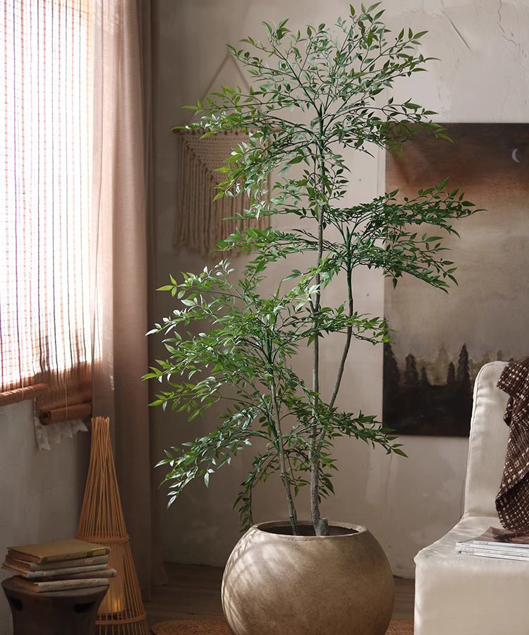 Lifelike Nandina Indoor Tree in a round beige planter with green foliage on Tampa Home & Garden Store