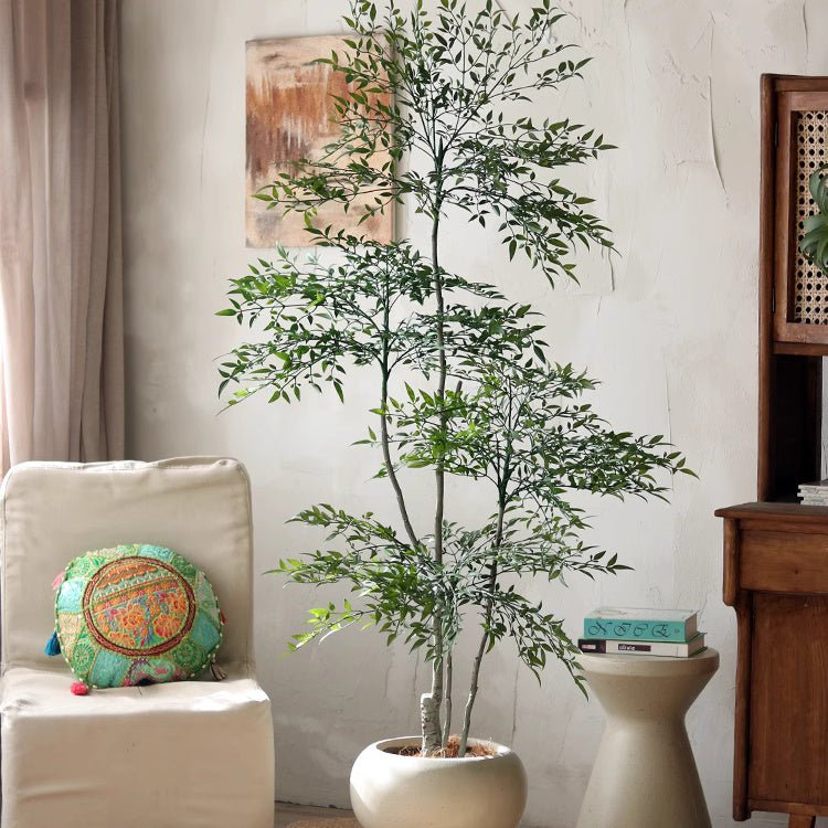 Lifelike Nandina indoor tree by RusticReach with tall multi-trunk, lush green foliage in white pot on Tampa Home & Garden Store