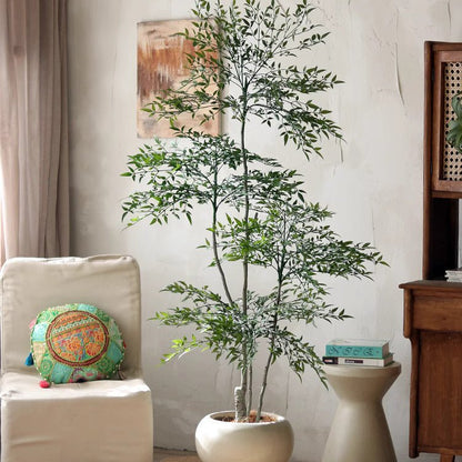 Lifelike Nandina indoor tree by RusticReach with tall multi-trunk, lush green foliage in white pot on Tampa Home & Garden Store