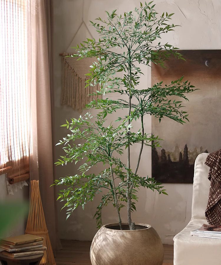 Lifelike Nandina Indoor Tree by RusticReach, 2-stem artificial tree in a beige textured pot on Tampa Home & Garden Store