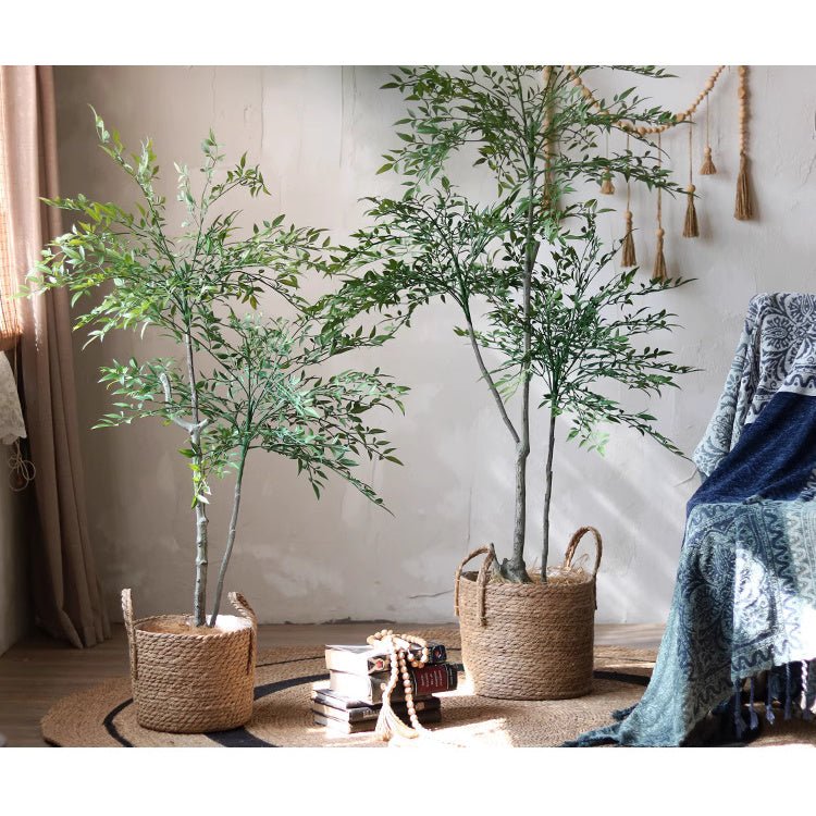 Lifelike Nandina Indoor Tree RusticReach, two green artificial trees in jute baskets for decor on Tampa Home & Garden Store