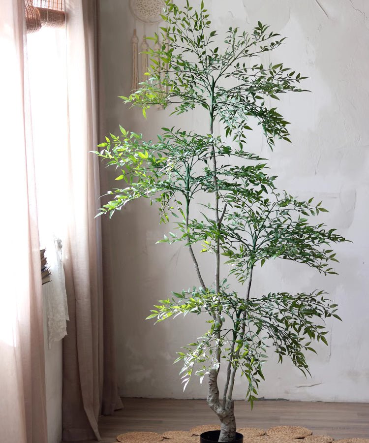 Lifelike Nandina Indoor Tree by RusticReach, artificial tree with trunks and green foliage on Tampa Home & Garden Store