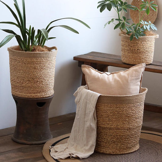 Natural Cylinder Storage and Planter Basket set of 2, woven jute, natural brown, RusticReach on Tampa Home & Garden Store