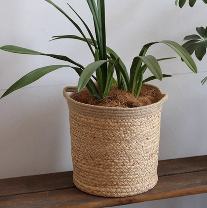 Natural Cylinder Storage and Planter Basket by RusticReach, woven basket with green leaves on Tampa Home & Garden Store