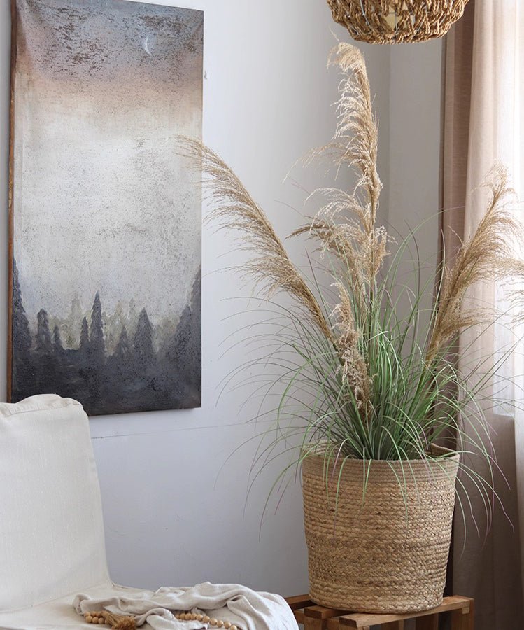 Natural Cylinder Storage and Planter Basket in woven jute with pampas grass by RusticReach on Tampa Home & Garden Store