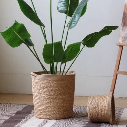 Natural Cylinder Storage and Planter Basket RusticReach; two woven jute baskets with plant on Tampa Home & Garden Store