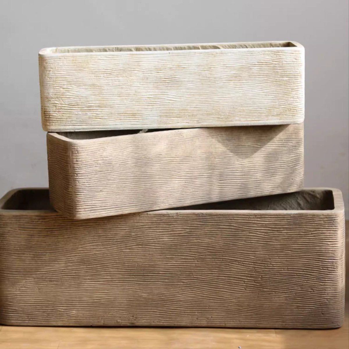 Modern Rectangular Textured Planter by RusticReach beige ribbed trio of planters, stacked on Tampa Home & Garden Store