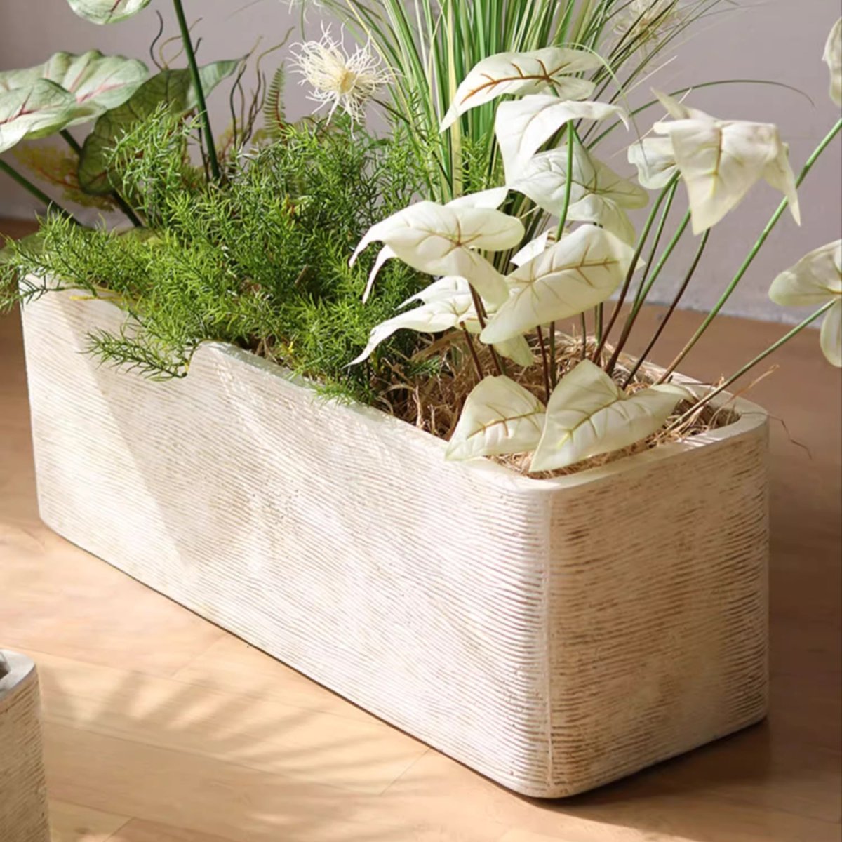 Modern Rectangular Textured Planter with cream finish and greens on Tampa Home & Garden Store