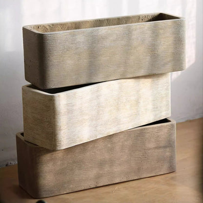 Modern rectangular textured planter set of three in beige stone finish with ribbed surface on Tampa Home & Garden Store