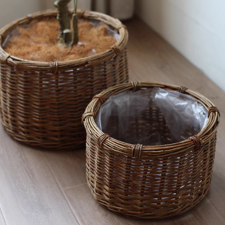 Rustic Round Wicker Planter with Liner, two brown wicker planters shown RusticReach on Tampa Home & Garden Store