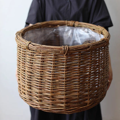 Rustic Round Wicker Planter with Liner by RusticReach, natural brown wicker with plastic liner on Tampa Home & Garden Store