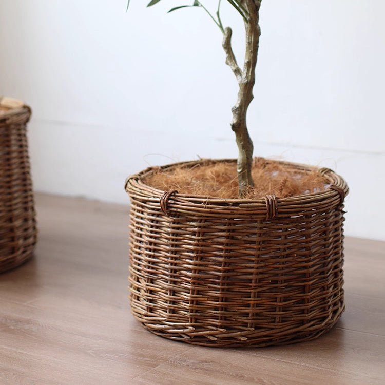 Rustic Round Wicker Planter with Liner by RusticReach, brown woven planter on Tampa Home & Garden Store
