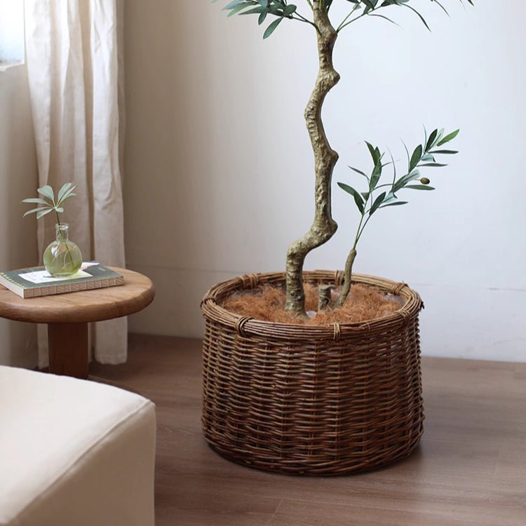 Rustic Round Wicker Planter with Liner by RusticReach, brown woven indoor planter on Tampa Home & Garden Store