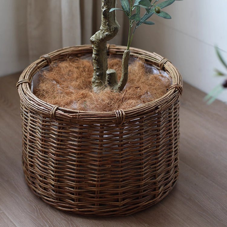Rustic Round Wicker Planter with Liner by RusticReach, brown woven planter on Tampa Home & Garden Store