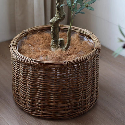 Rustic Round Wicker Planter with Liner by RusticReach, brown woven planter on Tampa Home & Garden Store