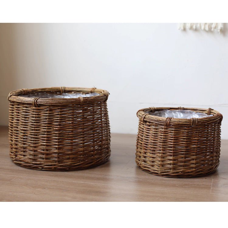 Rustic Round Wicker Planter with Liner set of 2 in brown wicker by RusticReach on Tampa Home & Garden Store