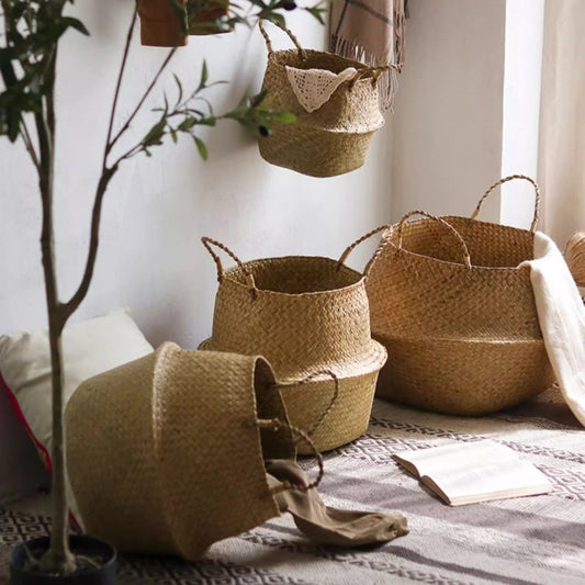 Foldable Seagrass Belly Basket with Handles in natural beige by RusticReach on Tampa Home & Garden Store