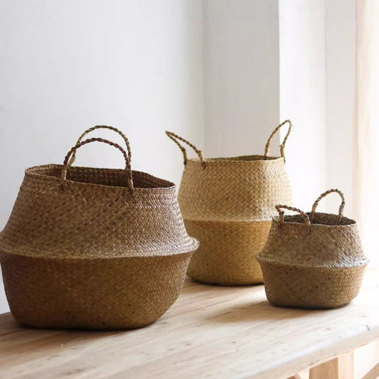 Foldable seagrass belly basket set with handles natural woven baskets by RusticReach set of 3 on Tampa Home & Garden Store