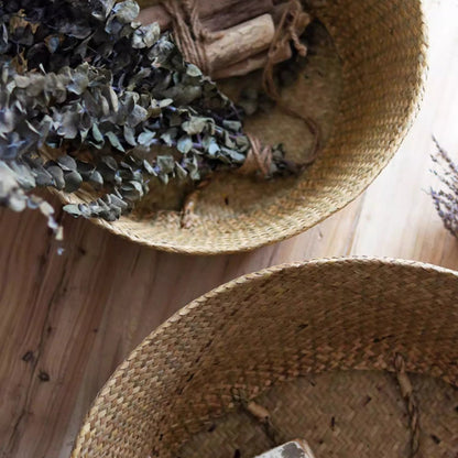 Foldable Seagrass Belly Basket with Handles by RusticReach, natural woven seagrass, 2-pack on Tampa Home & Garden Store