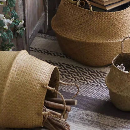 Foldable seagrass belly basket with handles in natural tan by RusticReach on Tampa Home & Garden Store