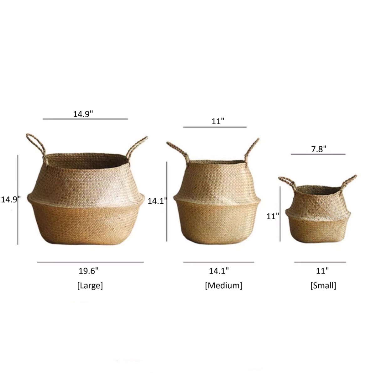 Foldable seagrass belly basket with handles set of 3: large, medium, small by RusticReach on Tampa Home & Garden Store