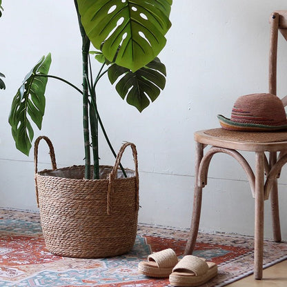 Handwoven seagrass plant basket with dual handles, RusticReach planter on Tampa Home & Garden Store