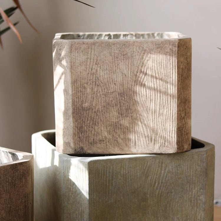 StoneGrain Square Planter by RusticReach, stone-textured concrete-look planter three-stack display on Tampa Home & Garden Store