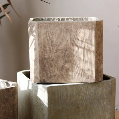 StoneGrain Square Planter by RusticReach, stone-textured concrete-look planter three-stack display on Tampa Home & Garden Store
