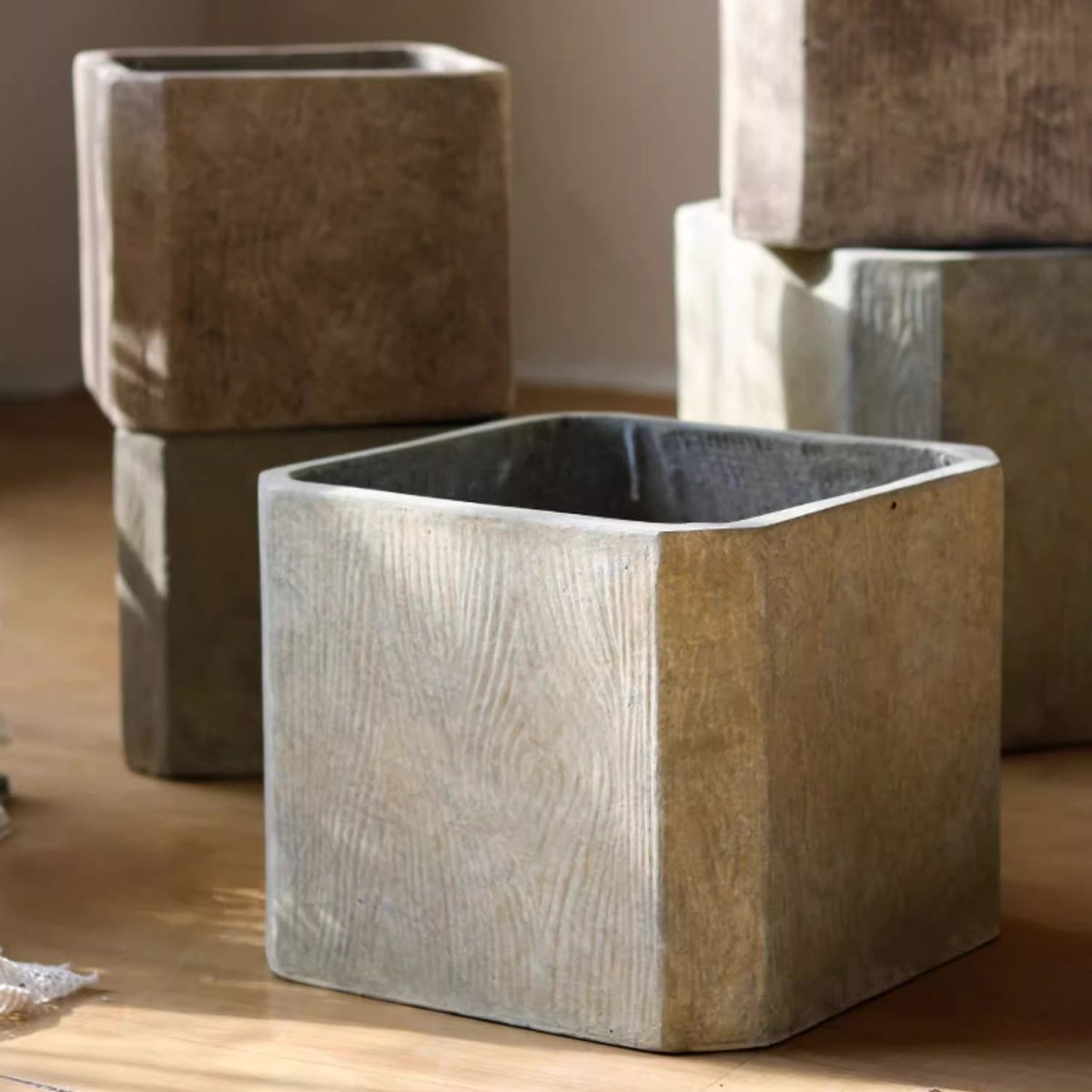 StoneGrain Square Planter set by RusticReach; concrete-textured square planters in light gray on Tampa Home & Garden Store
