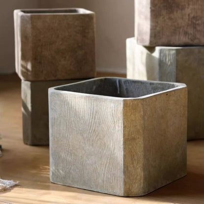StoneGrain Square Planter set by RusticReach; concrete-textured square planters in light gray on Tampa Home & Garden Store