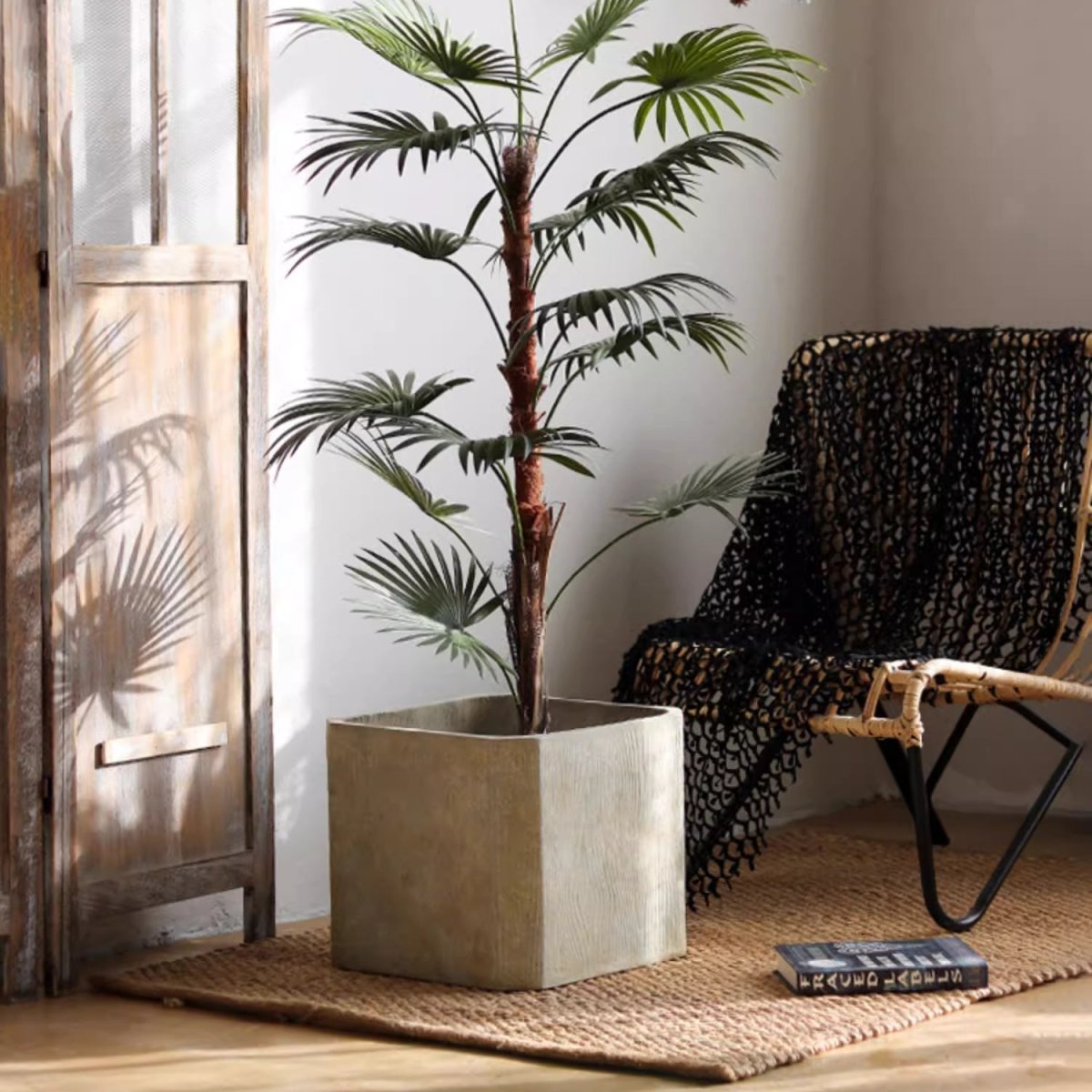 StoneGrain Square Planter by RusticReach in light gray concrete look with a tall palm indoors beside a woven chair on Tampa Home & Garden Store