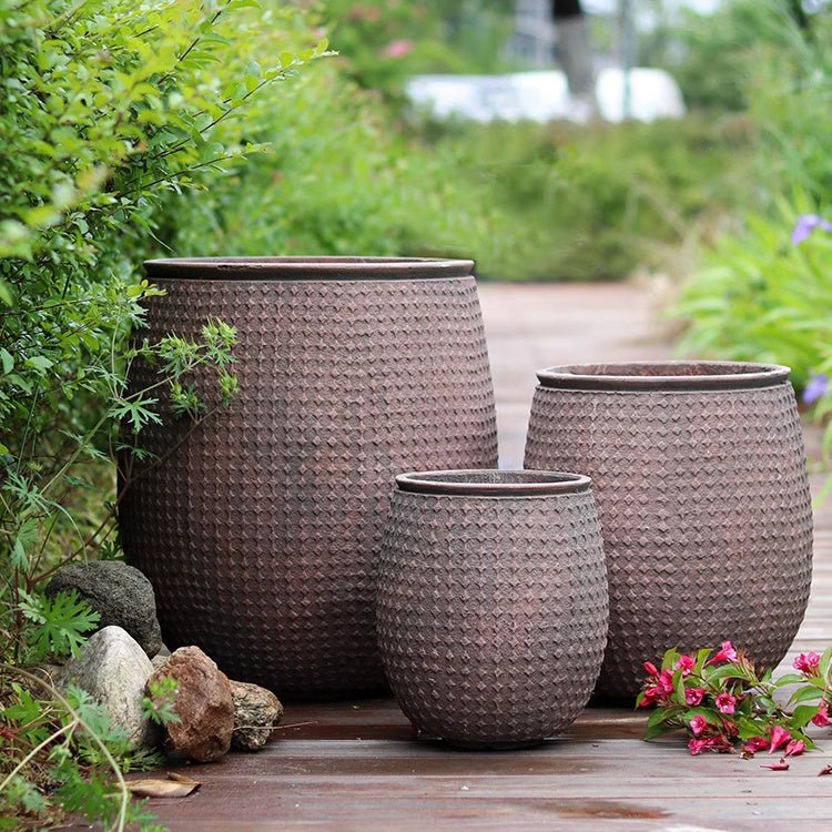 StoneNest Textured Planter set of 3 brown planters by RusticReach on a wooden garden path on Tampa Home & Garden Store